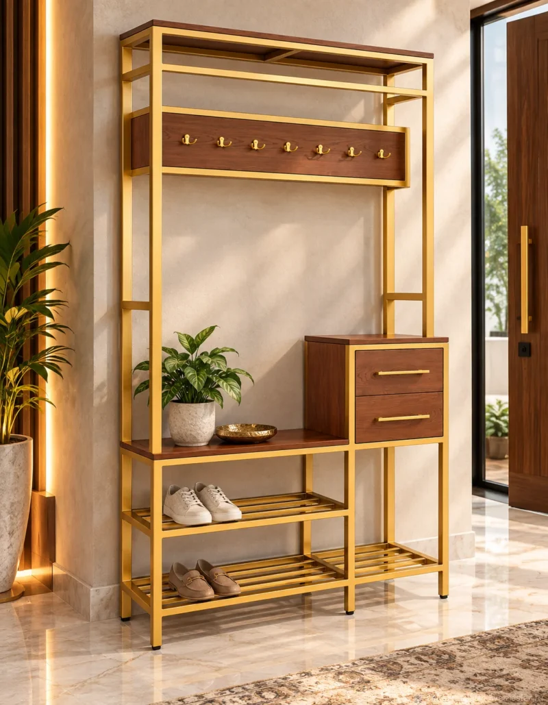 Avira Luxe shoe rack with drawers, hooks, bench and open shoe storage