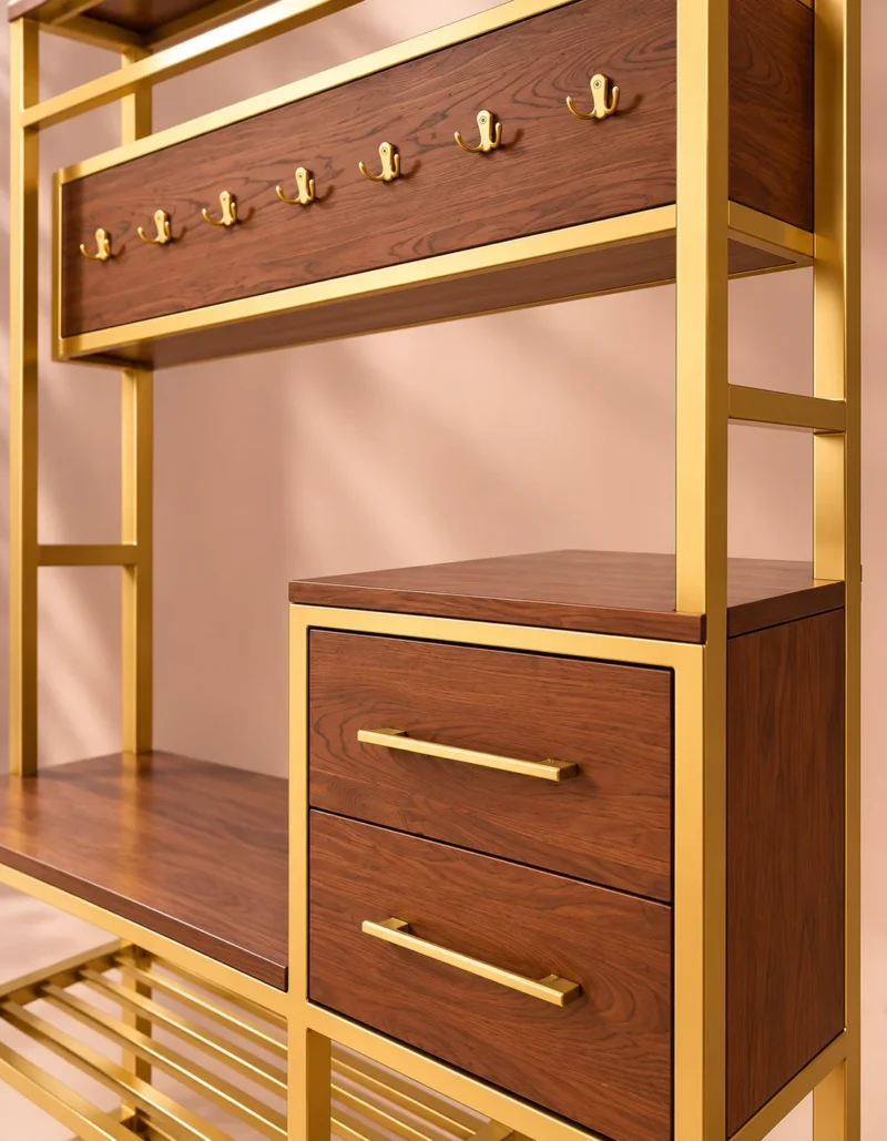 Avira Luxe shoe rack with drawers, hooks, bench and open shoe storage