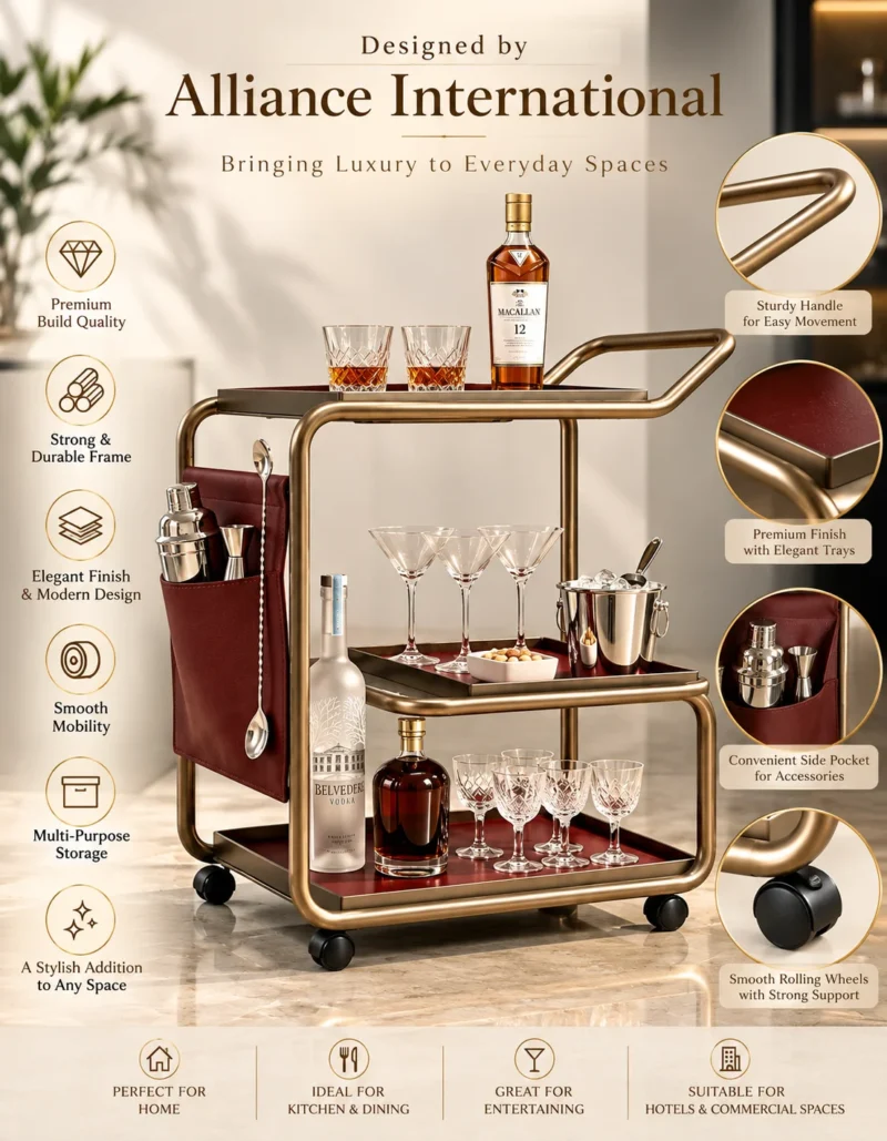 Barmont Luxe bar trolley with accessory storage and bronze-tone frame