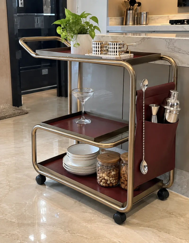 Barmont Luxe bar trolley with accessory storage and bronze-tone frame