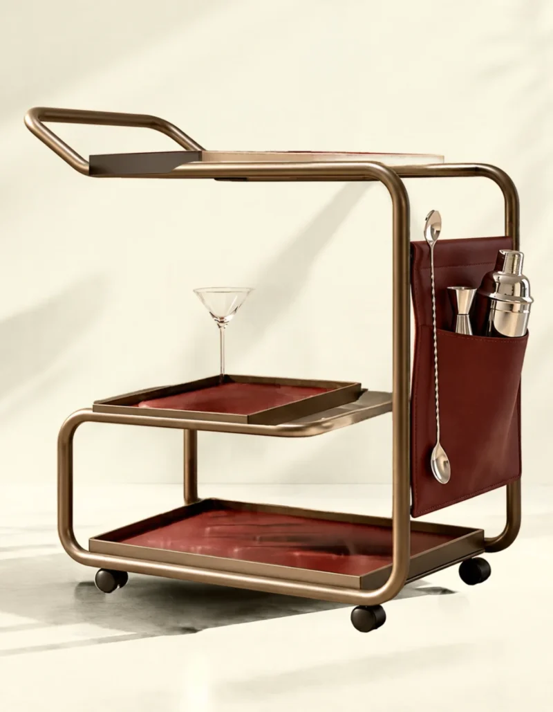 Barmont Luxe bar trolley with accessory storage and bronze-tone frame