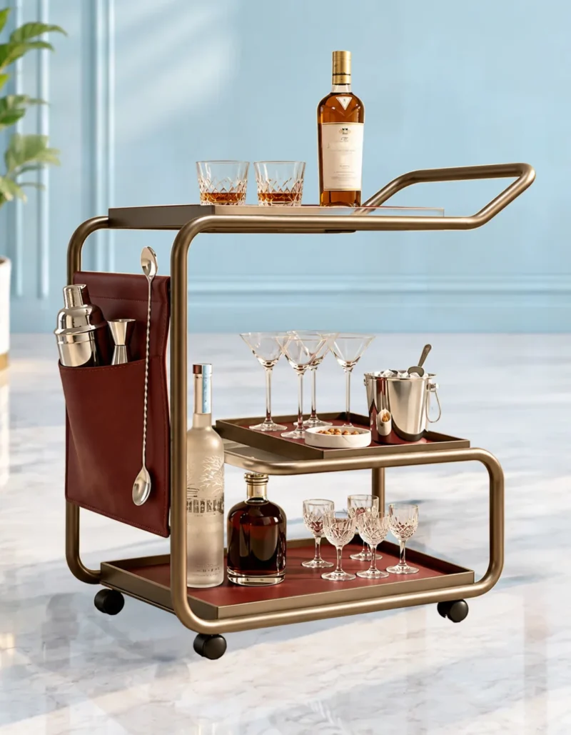 Barmont Luxe bar trolley with accessory storage and bronze-tone frame