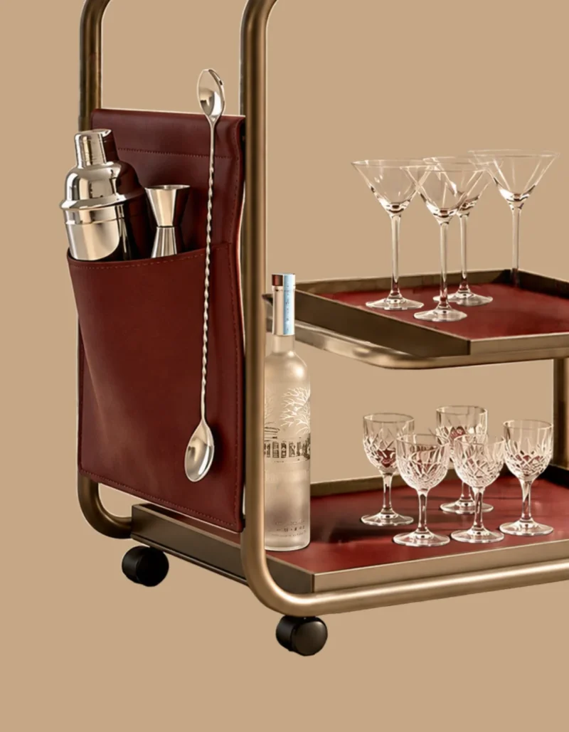 Barmont Luxe bar trolley with accessory storage and bronze-tone frame