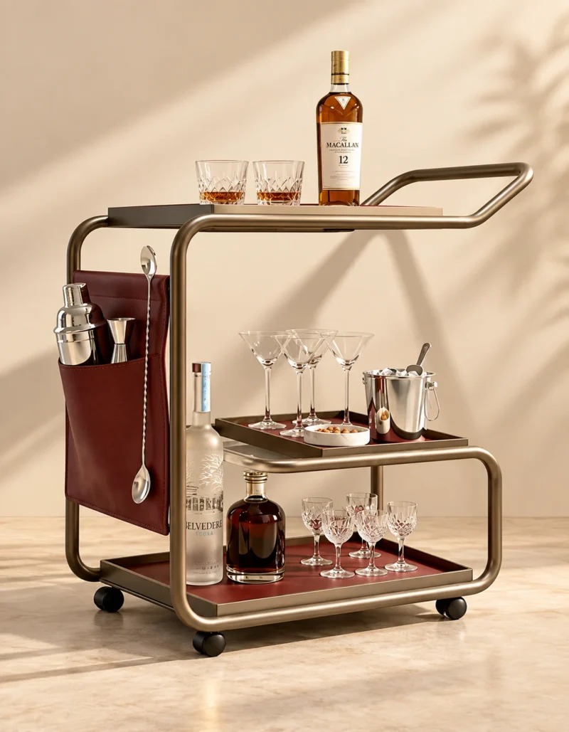 Barmont Luxe bar trolley with accessory storage and bronze-tone frame