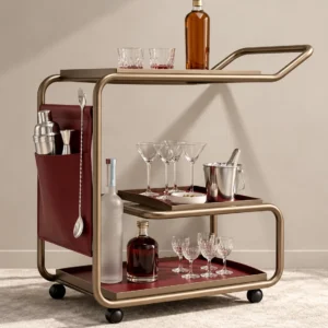 Barmont Luxe bar trolley with accessory storage and bronze-tone frame