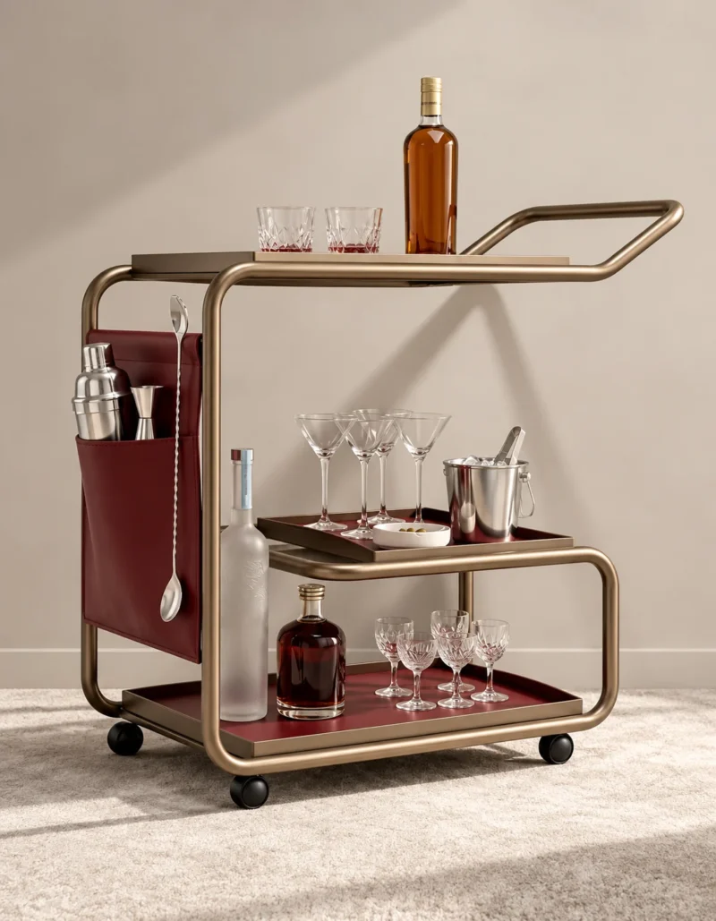 Barmont Luxe bar trolley with accessory storage and bronze-tone frame