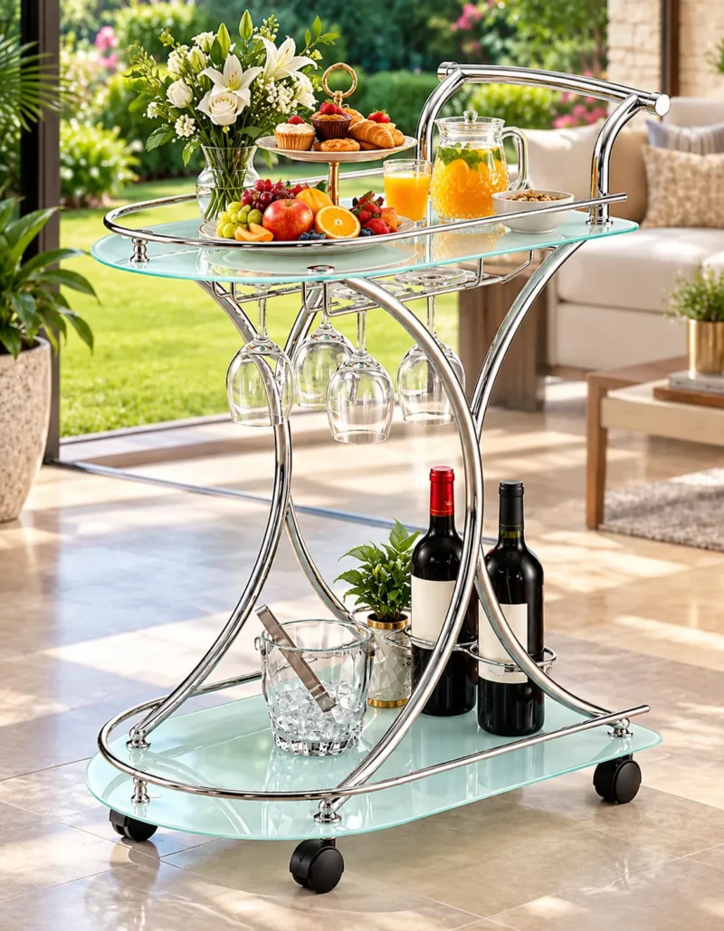 Celesta serving trolley with glass holder, bottle storage and silver frame