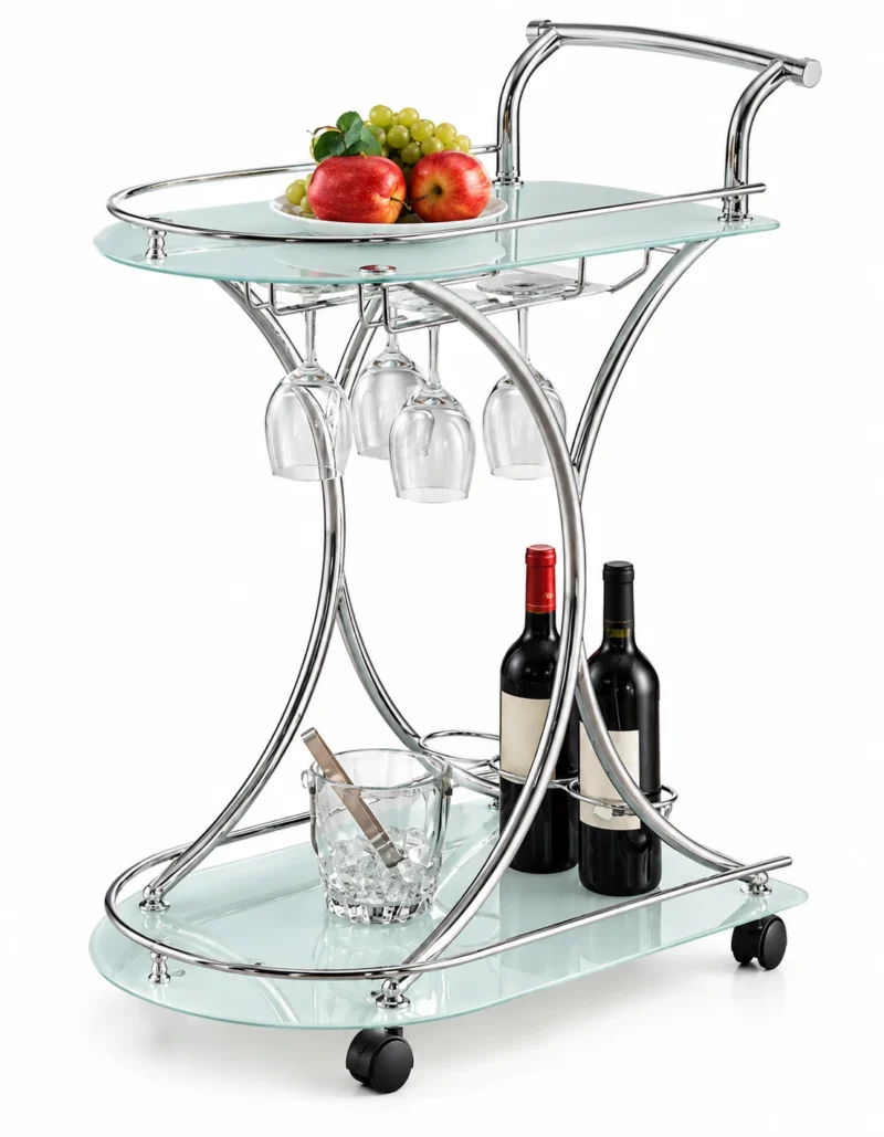 Celesta serving trolley with glass holder, bottle storage and silver frame