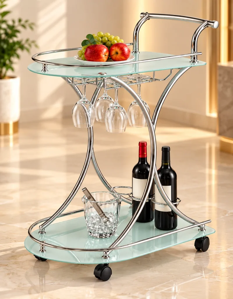 Celesta serving trolley with glass holder, bottle storage and silver frame