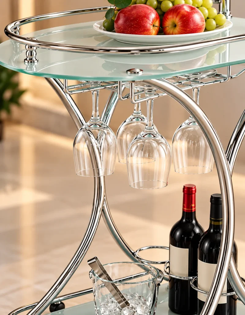 Celesta serving trolley with glass holder, bottle storage and silver frame