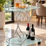 Celesta serving trolley with glass holder, bottle storage and silver frame