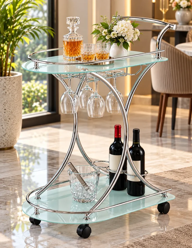 Celesta serving trolley with glass holder, bottle storage and silver frame