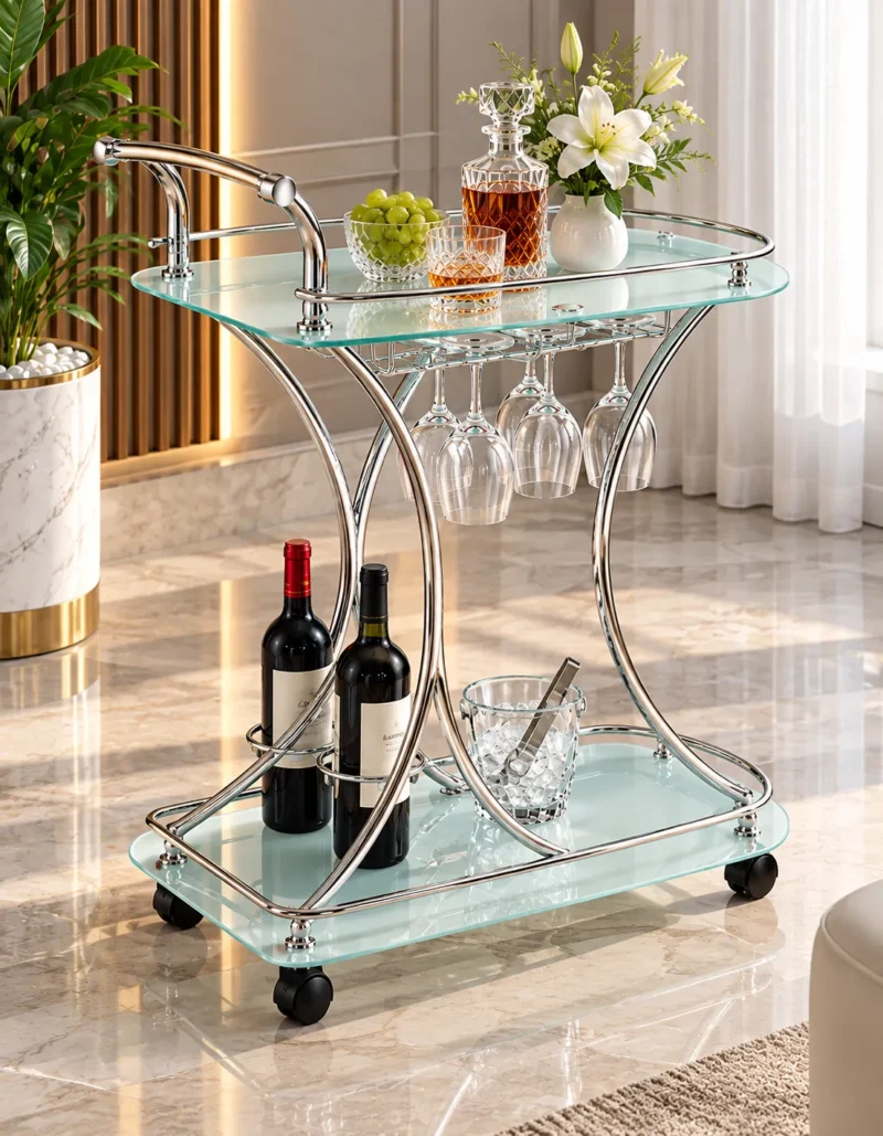 Celesta serving trolley with glass holder, bottle storage and silver frame