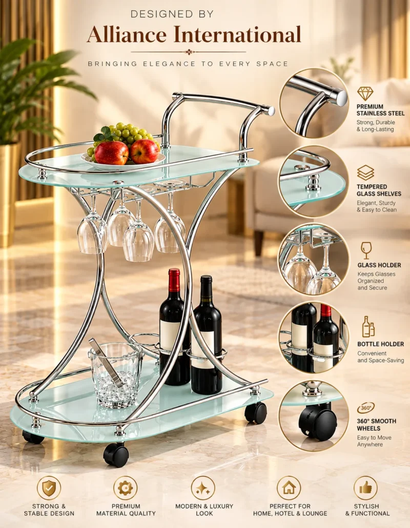 Celesta serving trolley with glass holder, bottle storage and silver frame