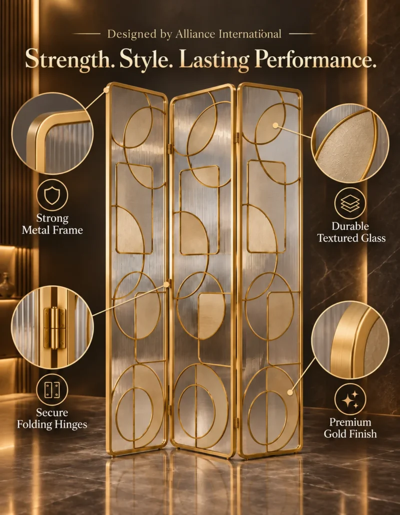 Cirque Luxe folding textured glass partition with gold frame
