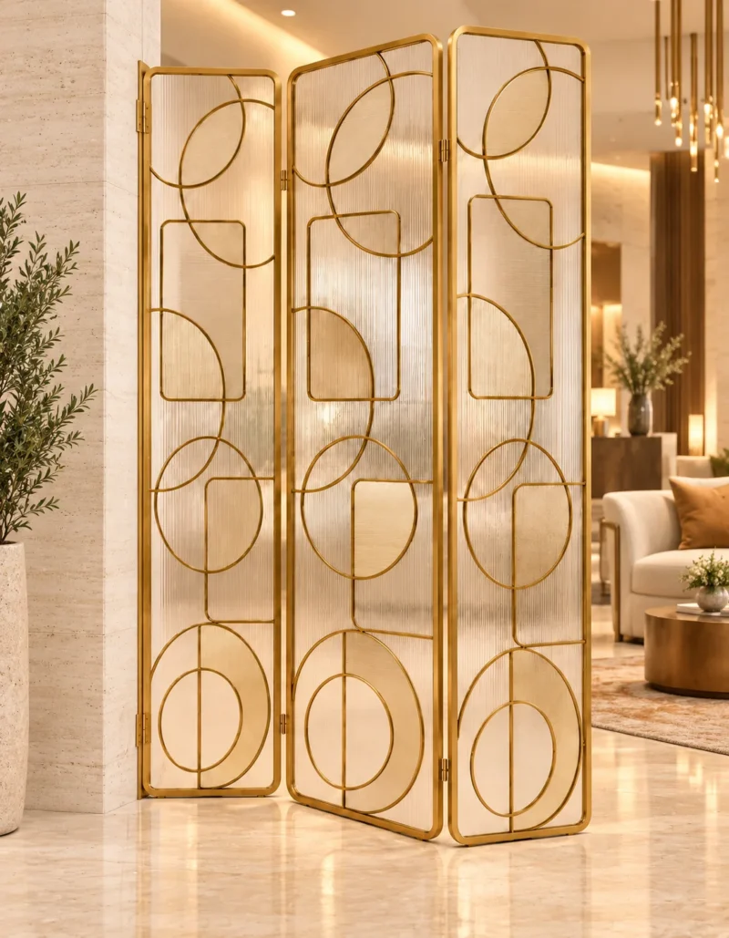 Cirque Luxe folding textured glass partition with gold frame