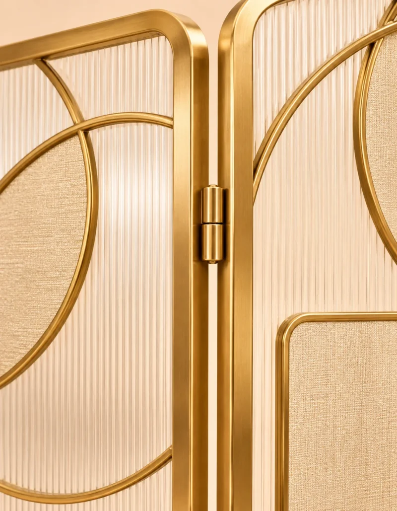 Cirque Luxe folding textured glass partition with gold frame