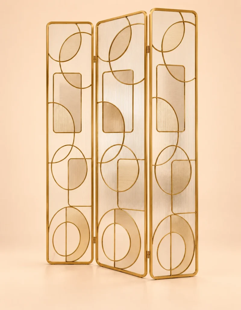 Cirque Luxe folding textured glass partition with gold frame