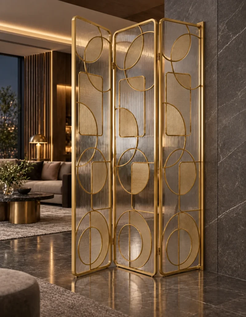 Cirque Luxe folding textured glass partition with gold frame