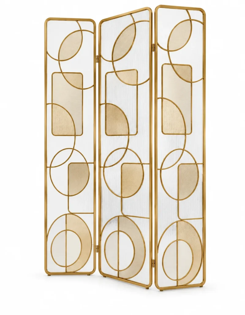 Cirque Luxe folding textured glass partition with gold frame