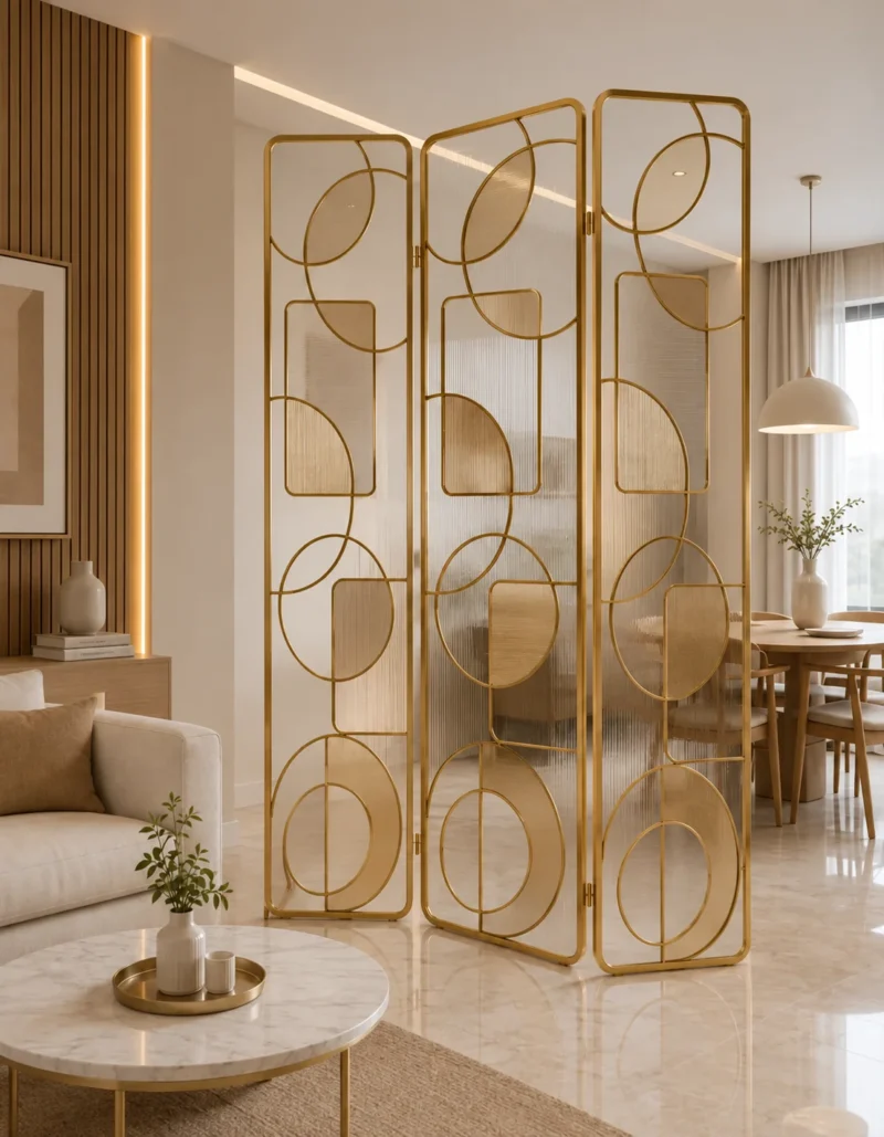 Cirque Luxe folding textured glass partition with gold frame