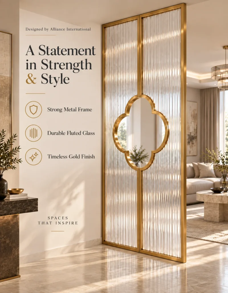 Clover Luxe textured glass partition with Gold PVD frame