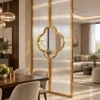 Clover Luxe textured glass partition with Gold PVD frame