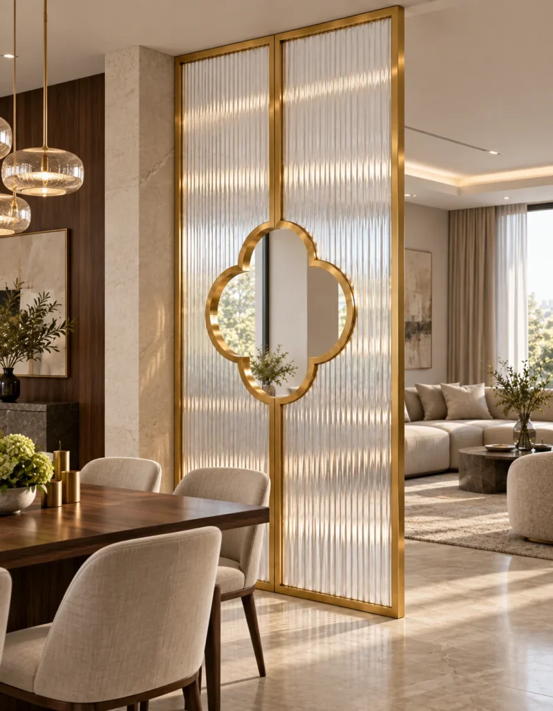 Clover Luxe textured glass partition with Gold PVD frame