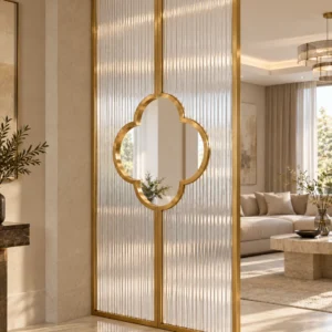 Clover Luxe textured glass partition with Gold PVD frame
