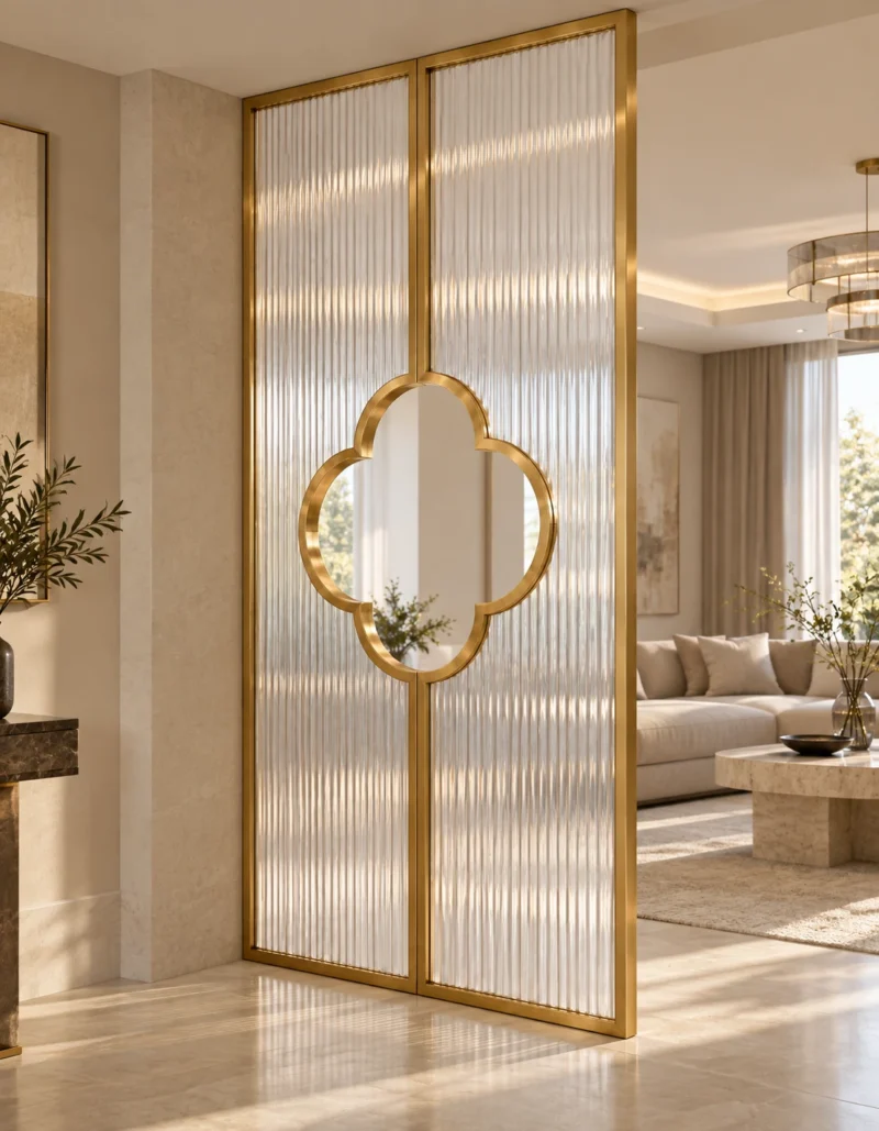 Clover Luxe textured glass partition with Gold PVD frame