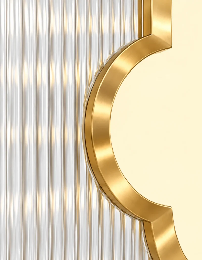 Clover Luxe textured glass partition with Gold PVD frame