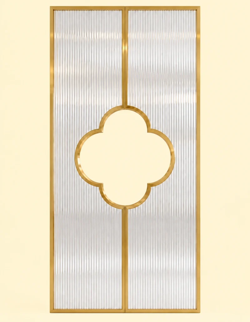 Clover Luxe textured glass partition with Gold PVD frame