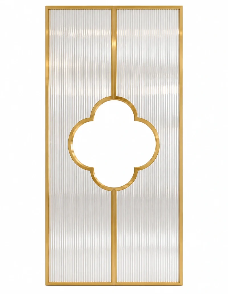Clover Luxe textured glass partition with Gold PVD frame