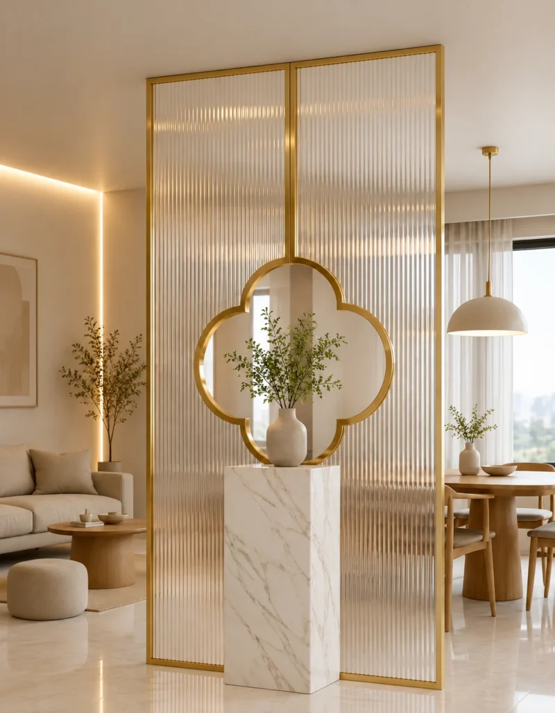 Clover Luxe textured glass partition with Gold PVD frame