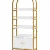 Elara Arch Luxe arched cosmetic display cabinet with gold frame and lower storage
