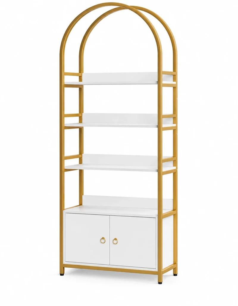 Elara Arch Luxe arched cosmetic display cabinet with gold frame and lower storage