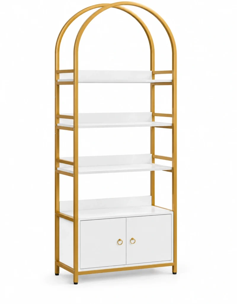 Elara Arch Luxe arched cosmetic display cabinet with gold frame and lower storage