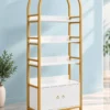 Elara Arch Luxe arched cosmetic display cabinet with gold frame and lower storage