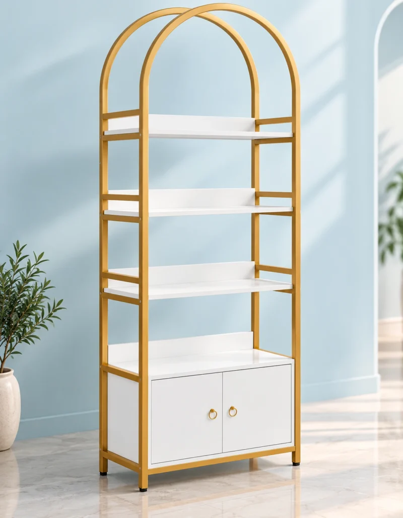 Elara Arch Luxe arched cosmetic display cabinet with gold frame and lower storage