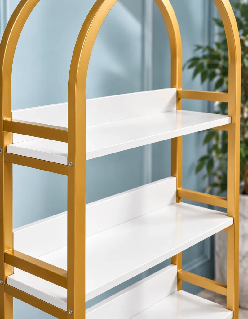 Elara Arch Luxe arched cosmetic display cabinet with gold frame and lower storage