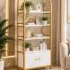 Elara Arch Luxe arched cosmetic display cabinet with gold frame and lower storage