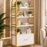 Elara Arch Luxe arched cosmetic display cabinet with gold frame and lower storage