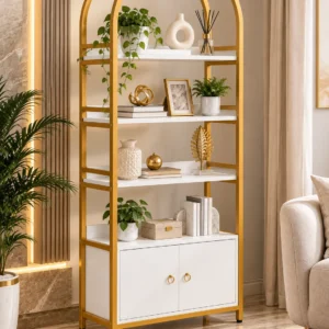 Elara Arch Luxe arched cosmetic display cabinet with gold frame and lower storage