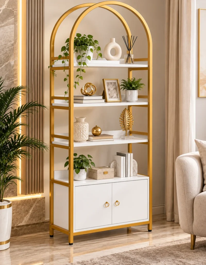 Elara Arch Luxe arched cosmetic display cabinet with gold frame and lower storage