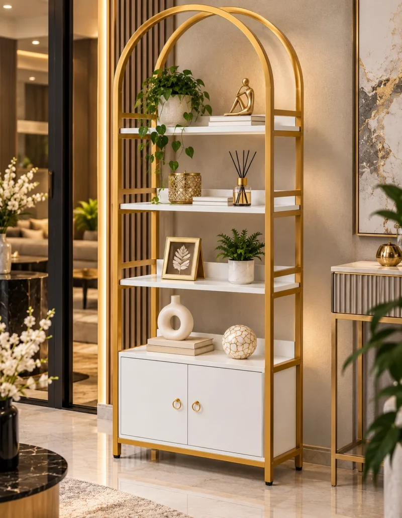 Elara Arch Luxe arched cosmetic display cabinet with gold frame and lower storage