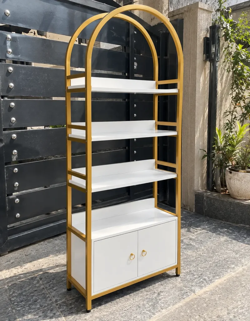 Elara Arch Luxe arched cosmetic display cabinet with gold frame and lower storage