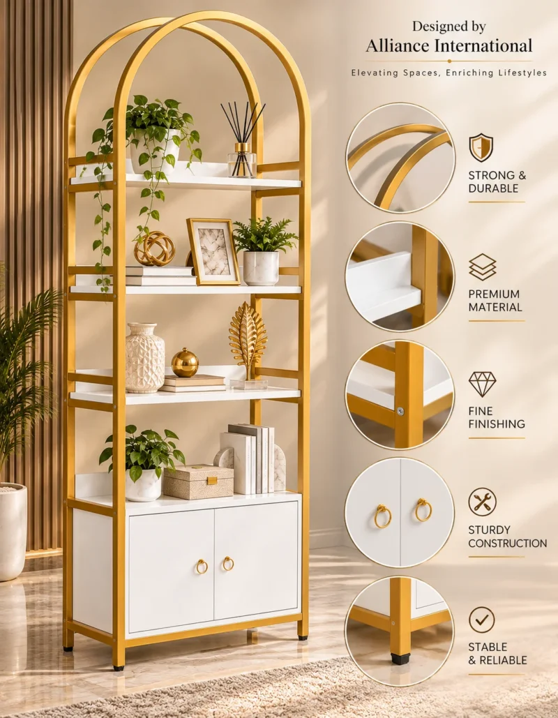 Elara Arch Luxe arched cosmetic display cabinet with gold frame and lower storage