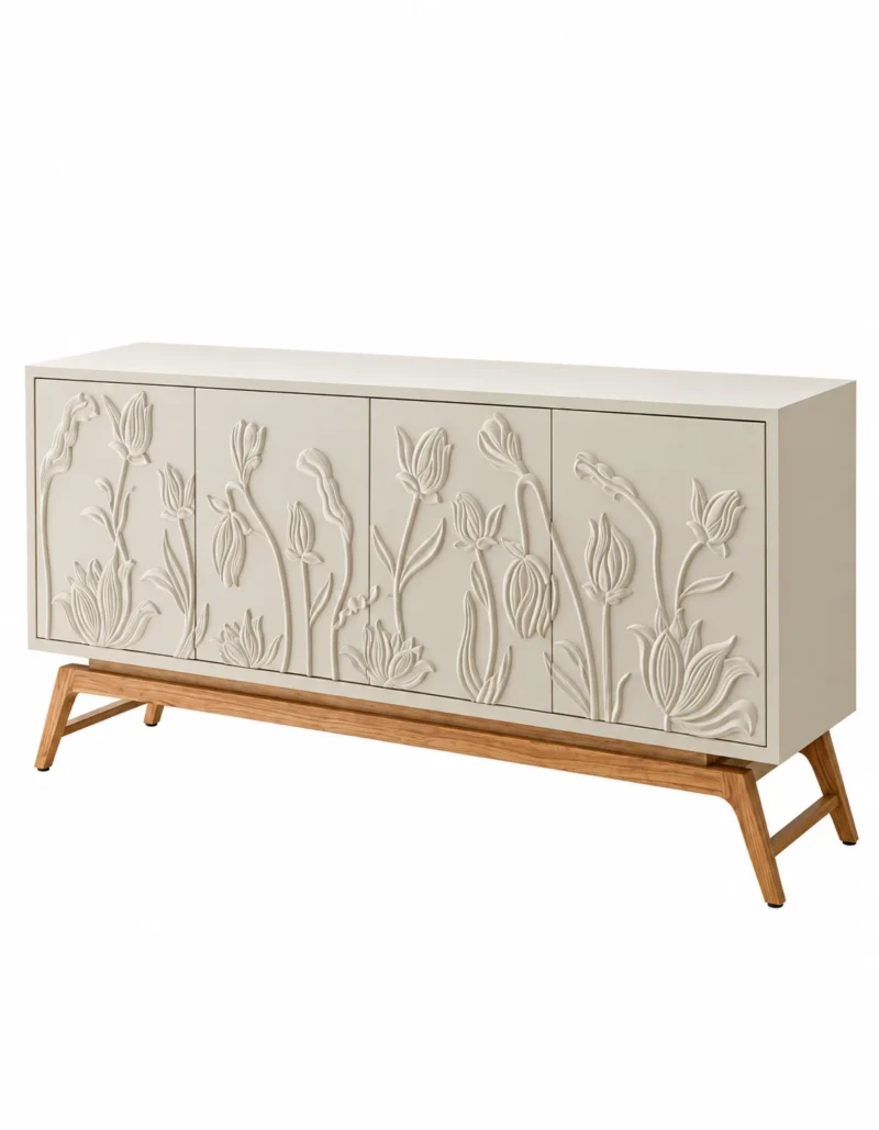 Elora Bloom floral design TV cabinet with raised botanical doors and wood-look base