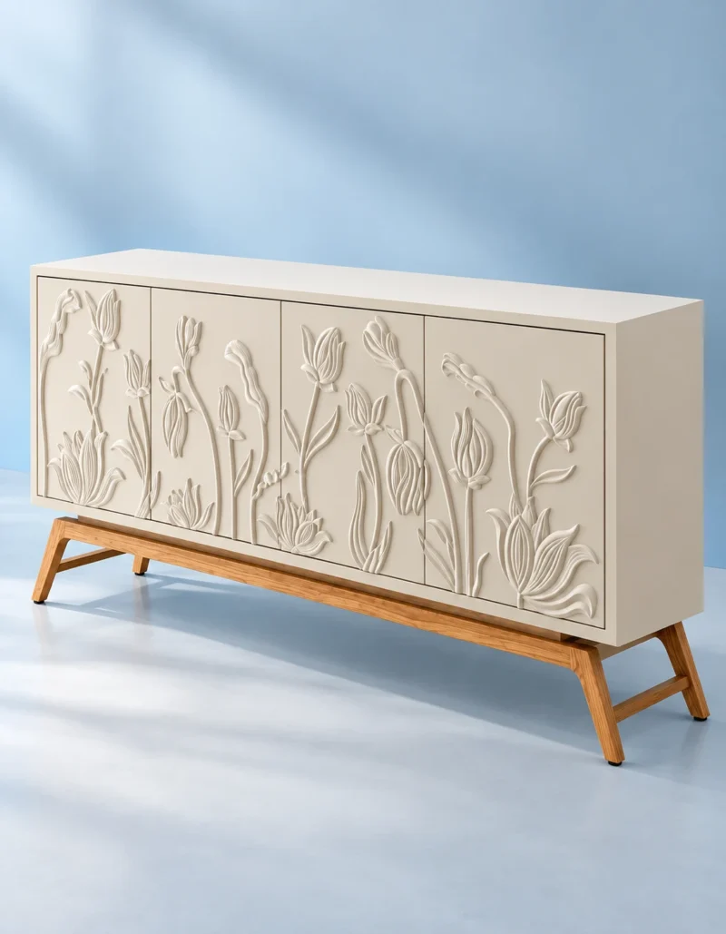 Elora Bloom floral design TV cabinet with raised botanical doors and wood-look base