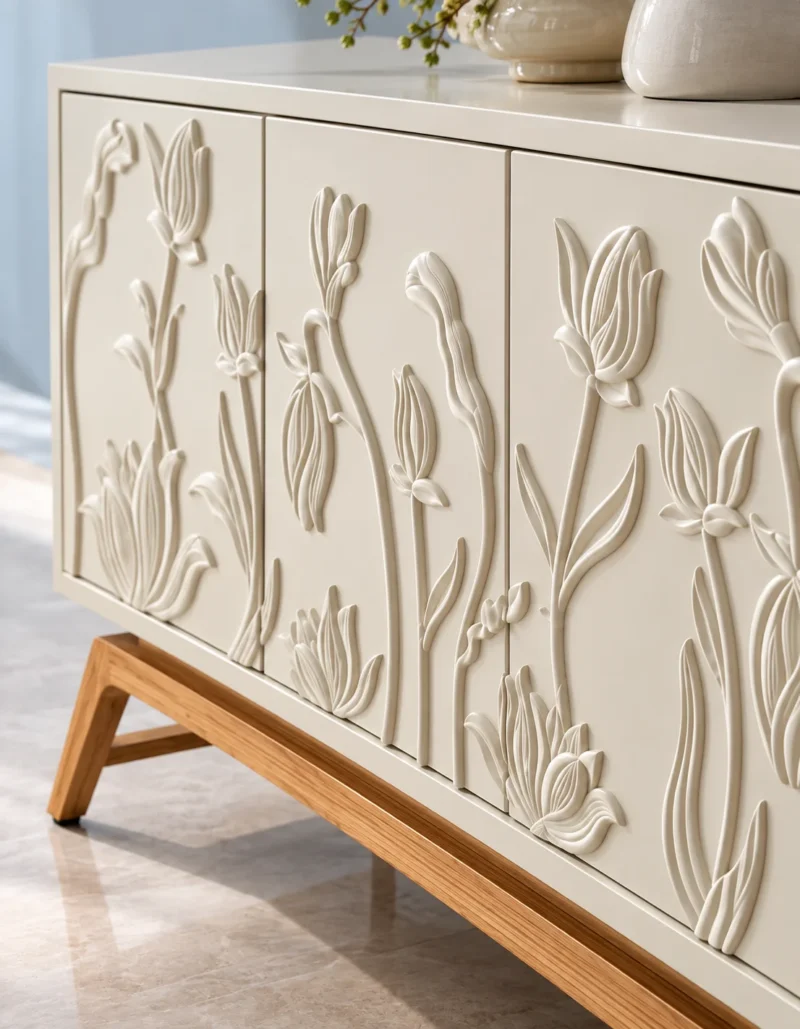 Elora Bloom floral design TV cabinet with raised botanical doors and wood-look base